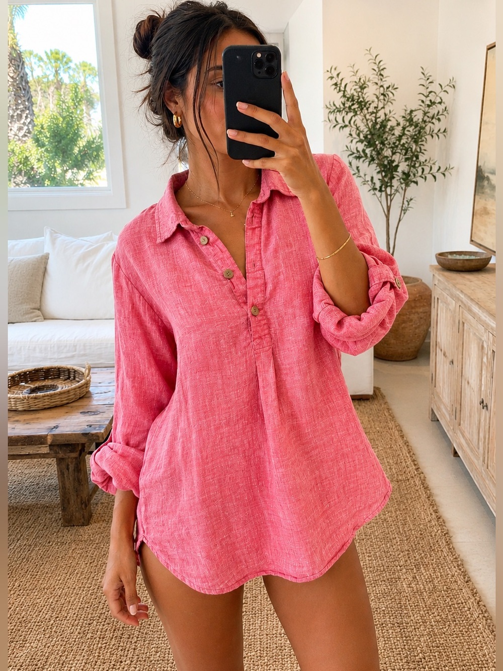 Sigrid Olsen pink 100% linen button up top/shirt. Size Xs